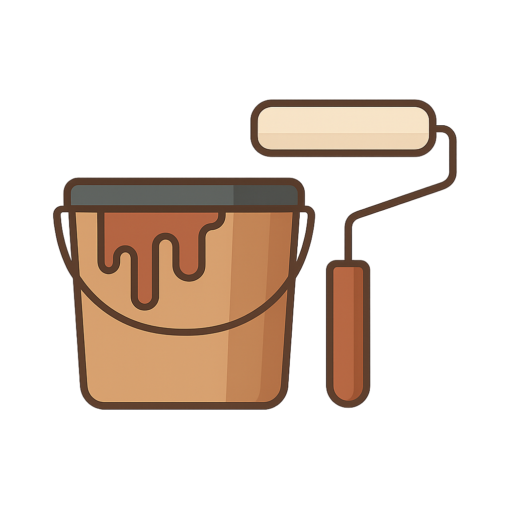 Illustration of a paint bucket with dripping paint and a roller, symbolizing painting and waterproofing services — styled in warm earthy tones with a transparent background.
